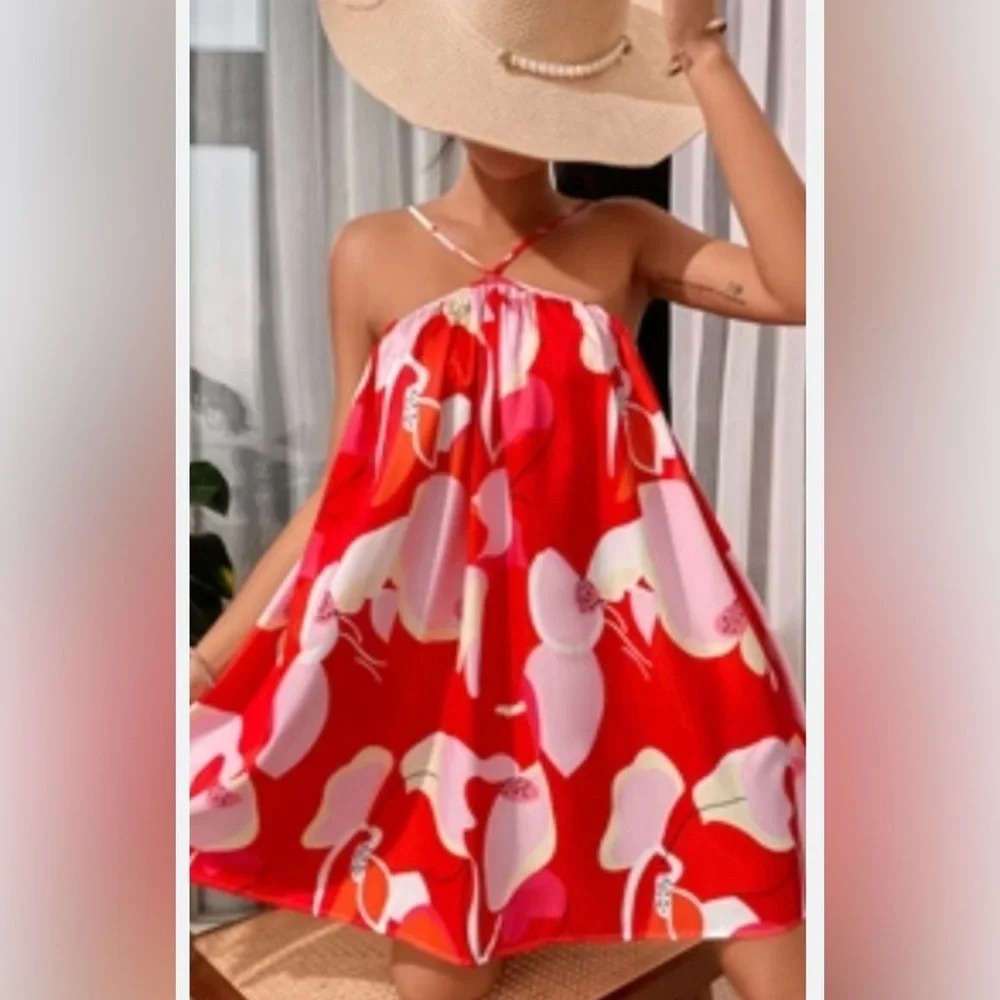 NWT size 4 red/pink floral dress, overall loose fit. Thin straps.